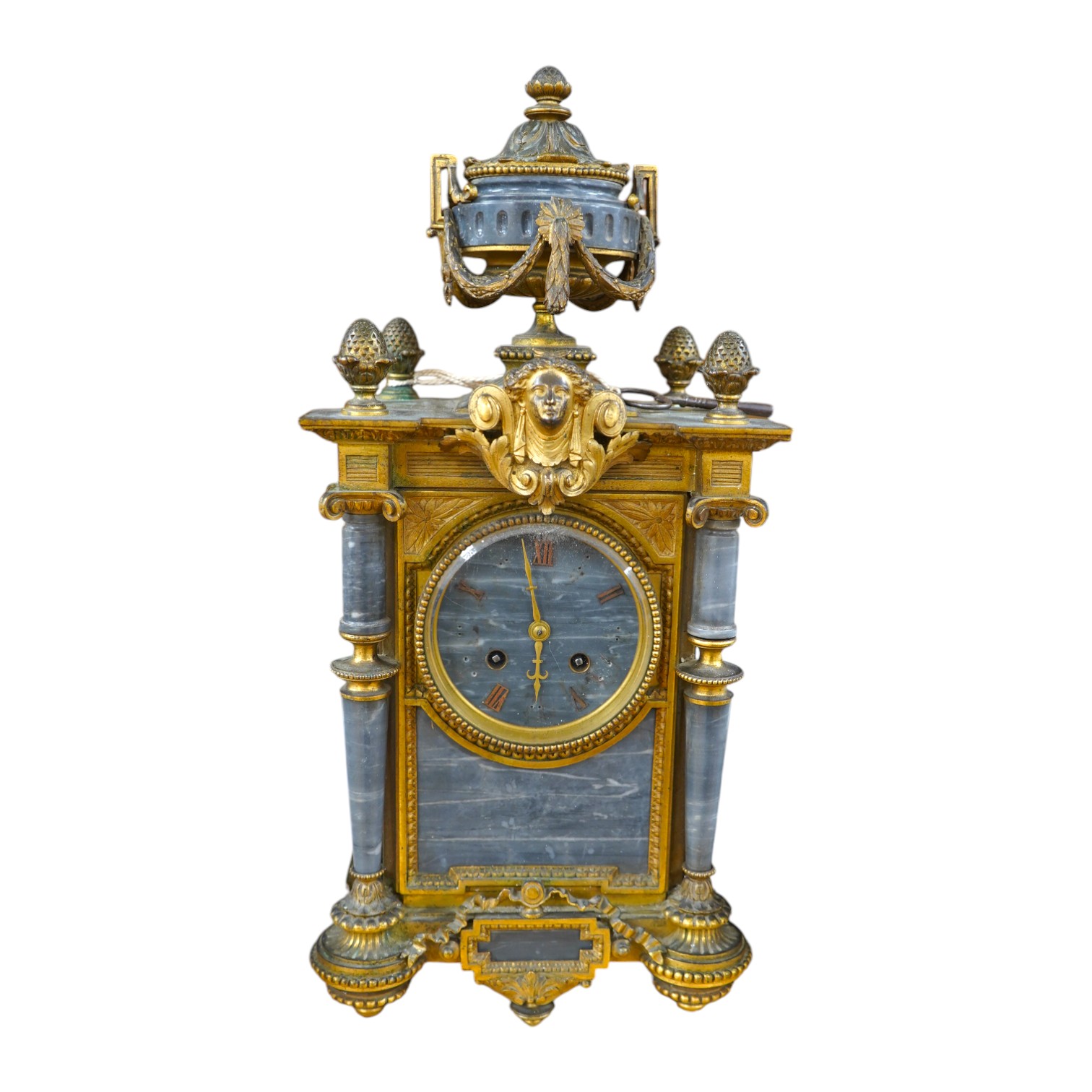 A 19th century French ormolu and marble mantel clock, striking on bell, with key, 44cm high. Condition - fair to good, untested